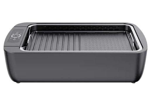 Victor WT-ISG801 Electric Smokeless Grill Pan side profile with open lid